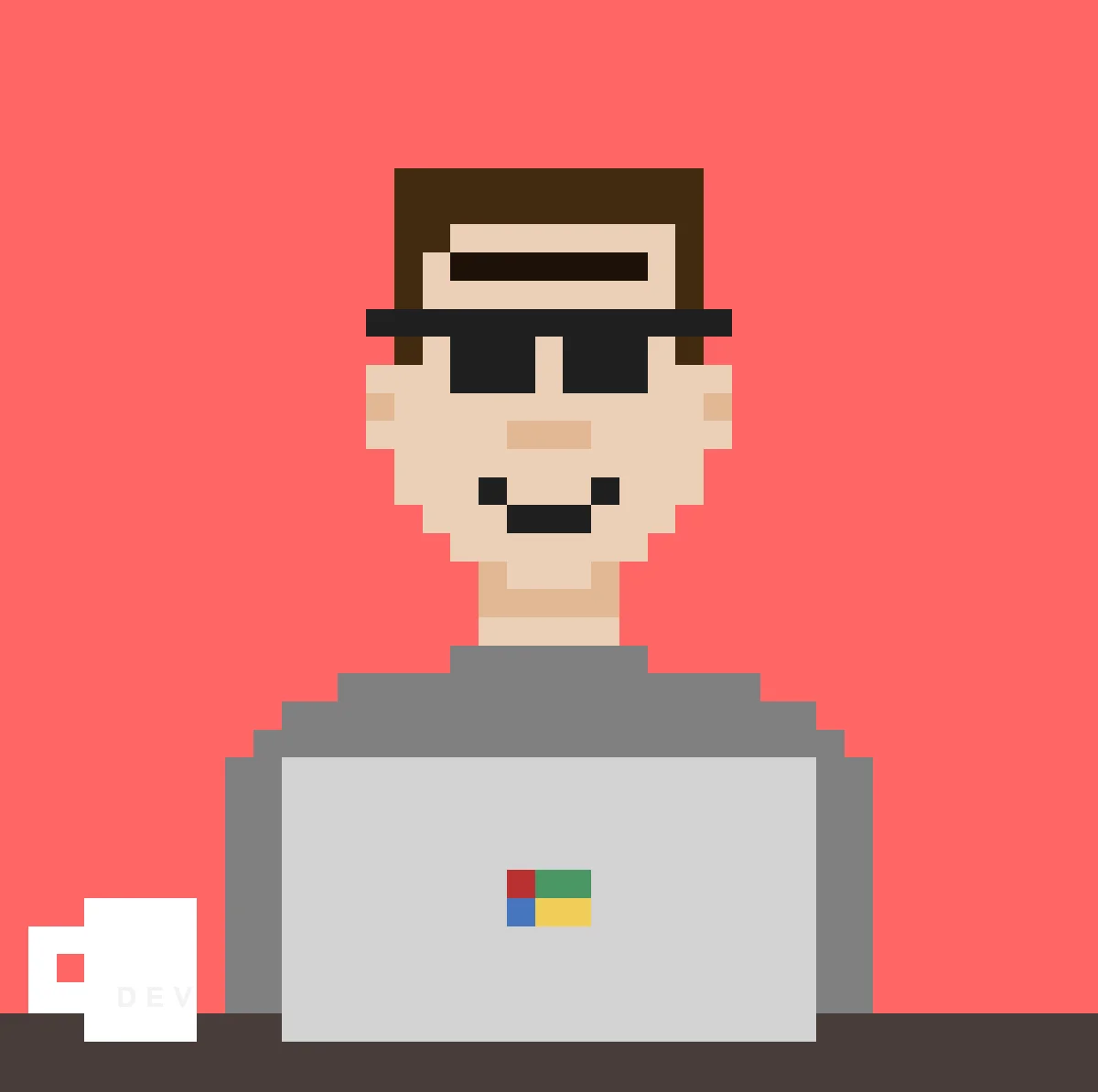 Desperate Dev pixel artwork: a developer in sunglasses behind a laptop, with a coffee mug against a coral background
