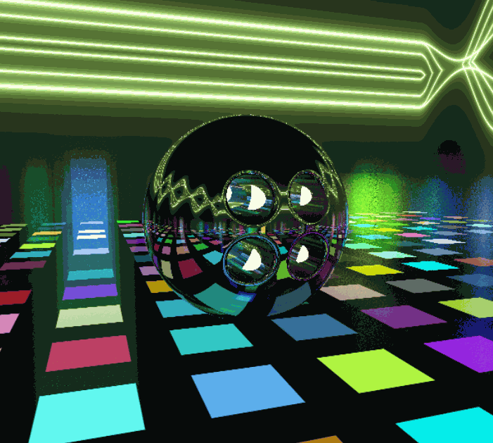 Dog Party collection artwork: a reflective black sphere above a colorful dance floor beneath green neon lights